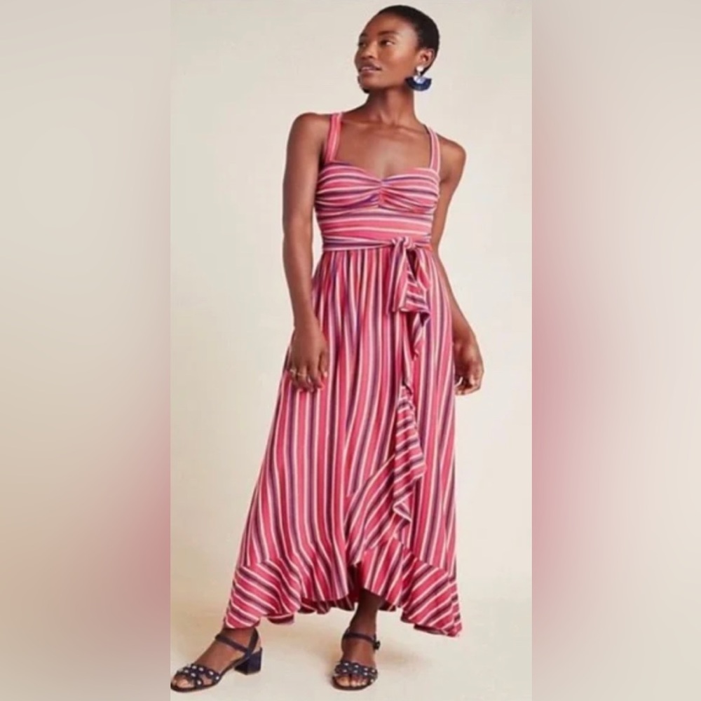 Anthropologie|Maeve Gabriela Ruffled
Cross Back Pink Stripe Maxi Dress